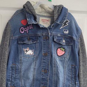 Adult medium hoodie/jean jacket with iron on patches